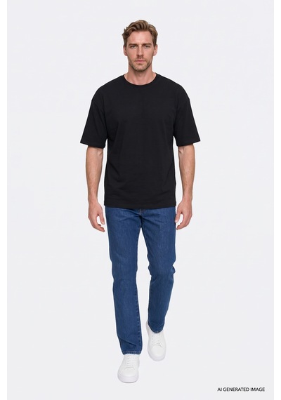Ac&Co / Altınyıldız Classics Erkek Sıyah %100 Pamuk Oversize Fit Rahat Kesim Bisiklet Yaka Basic Tişört Siyah