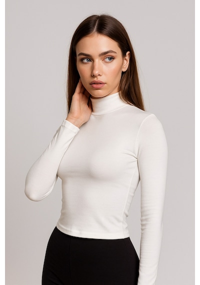 Rich Kadın Ekru Yarım Balıkçı Yaka Uzun Kollu Crop Bluz Ekru