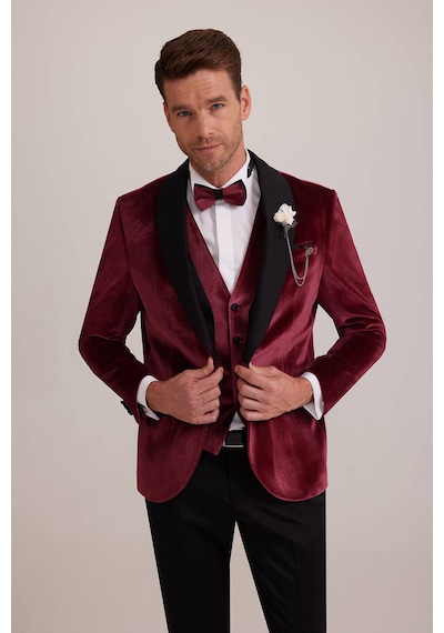 Ysf Erkek Bordo Şal Yaka Yelekli Slim Fit Damatlık