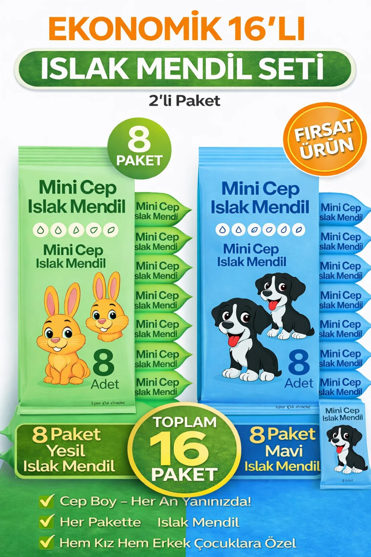 Mini Cep Islak Mendil 16'lı Ekonomik Paket Aloe Veralı Alkol İçermez Yumuşak Dokulu Taşınabilir 16'lı Set