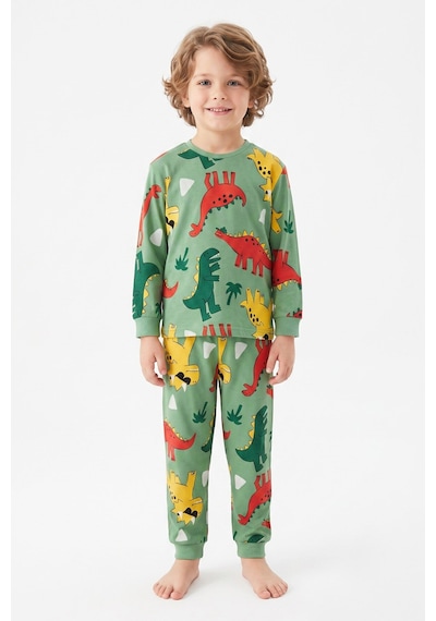 Modanino %100 Pamuk Ve Dinazor Baskılı Erkek Çocuk Pijama Takımı 3-8 Yaş 12745ıs Fıstık Yeşili