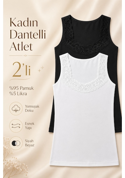 Nicoletta Kadın Atlet Geniş Askılı Dantelli 2 Li Paket Siyah-beyaz Siyah - Beyaz