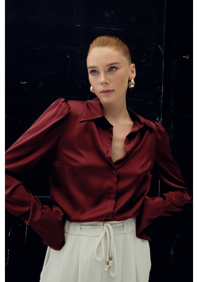 Sateen Vatkalı Saten Gömlek - Bordo-136728 Bordo