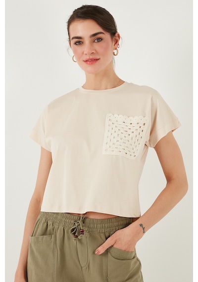 Lela Pamuklu Tek Cepli Regular Fit Bisiklet Yaka Bayan T Shirt 5865818 Taş