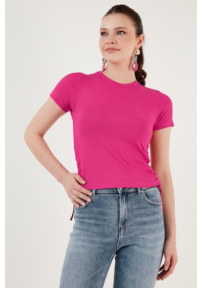 Lela Yanlardan Büzgülü Kısa Kollu Crop Bayan Bluz 5864010 Fuşya