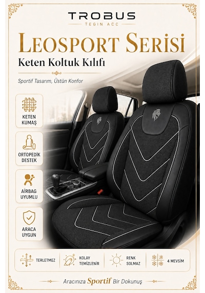 Renault Fluence 2010 Sonrası Uyumlu Leosport Serisi Siyah Beyaz Ortopedik Keten Koltuk Kılıfı