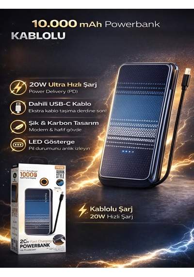 10000mah Karbon Stil Powerbank Dahili Type-c Kablo 20w Hızlı Şarj Taşınabilir Şarj Cihazı Lacivert
