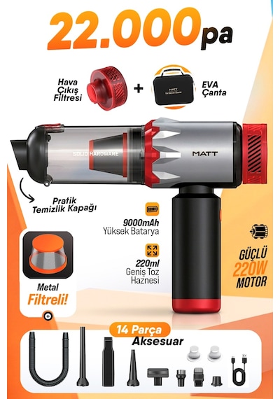 Matt Mcv22 Şarjlı Araç Süpürgesi Kırmızı 22.000pa Güçlü Vakumlu Mini Type-c Şarjlı 220ml