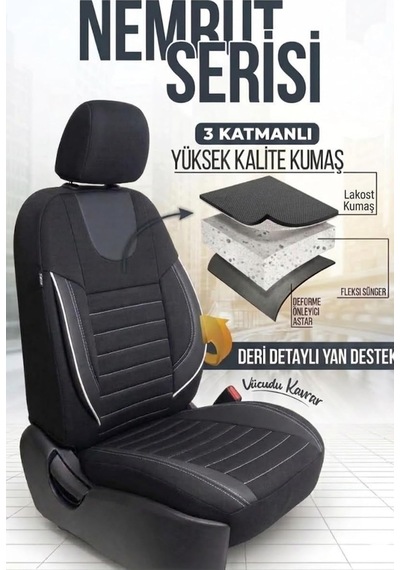 Nemrut Serisi Lakost Kumaş Universal Oto Koltuk Kılıfı Tam Set Siyah Beyaz Genel