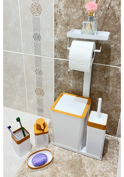 6 Parça Banyo Seti Çöp Kovası, Wc Fırça, Tuvalet Kağıtlık, Diş Fırçalık, Sıvı Sabunluk, Sabunluk Beyaz - Kahverengi