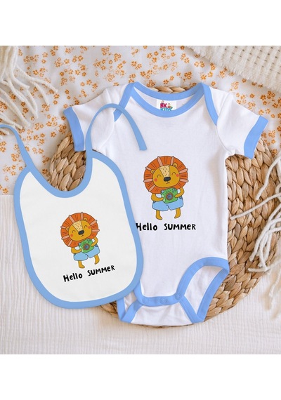 Bk Kids Hello Summer Tasarımlı Mavi Bebek Body Zıbın Ve Mama Önlü Çok Renkli