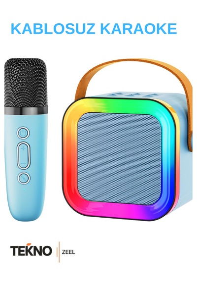 Teknozeel Mikrofonlu Karaoke 5 Ses Efektli Rgb Led Işıklı Bluetooth Kablosuz Hoparlör Ses Bombası Mavi Renk