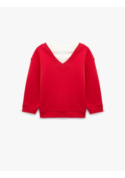 Koton Katmanlı V Yaka Uzun Kollu Pamuklu Şardonlu Sweatshirt Kırmızı 7wkg10051ak