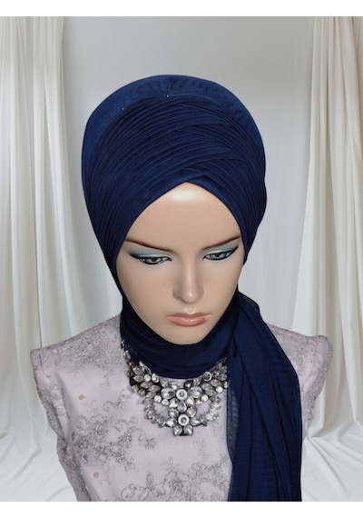 Tunahazırturban Lacivert Sevda Şal Model Hazır Duvak Hazır Şal Hazır Türban Lacivert