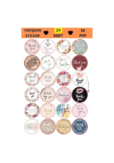 24 Adet - 24 Çeşit Thank You Sticker - Teşekkür Sticker - Paketleme Sticker - Hediye Paketi Sticker - Çok Renkli