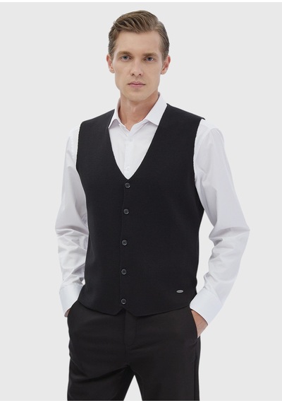 Ramsey Siyah Regular Fit V Yaka Casual Örme Triko Yelek