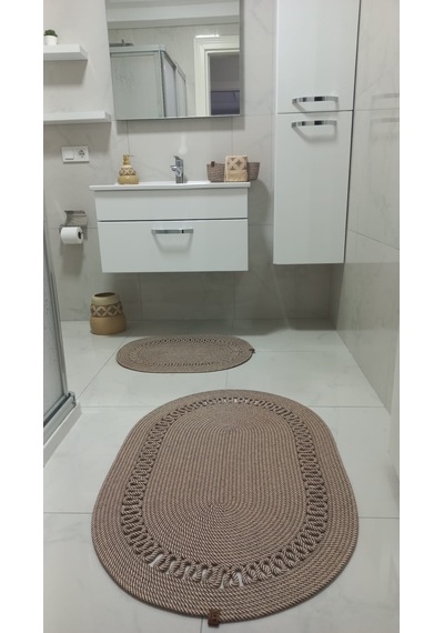 Üçlü Banyo Seti 2 Paspas- 1 Organizer Sepet Jüt İp Ekru - Hardal