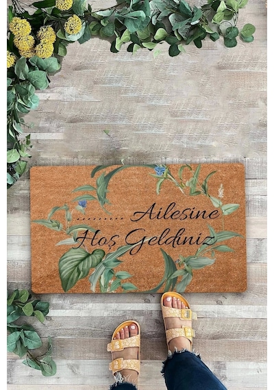 Valerine Life Mavi Papatya Yaprak Kişiye, İsme Ve Aileye Özel Hoş Geldiniz Kapı Önü Paspası 45x70cm Kahverengi