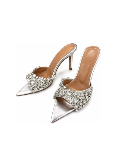 Papucumun Dünyası Kadın Gümüş Kristal Taşlı Sivri Burun Stiletto Mule Beyaz
