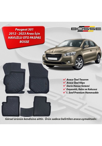 Peugeot 301 Paspas Araca Özel 2012 2023 Arası BOSSE 3D Havuzlu Oto Paspas Paspas