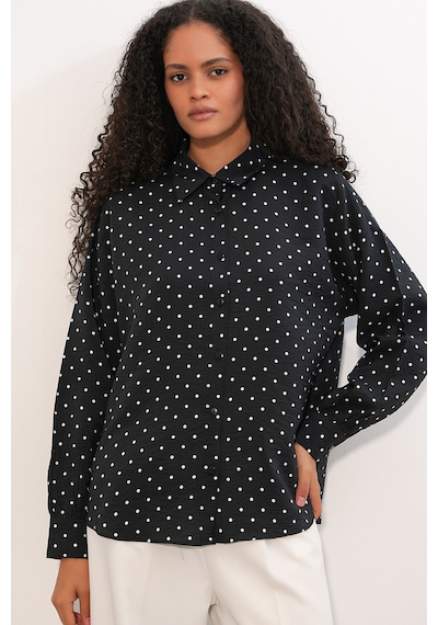 Bigdart Kadın Oversize Puantiyeli Gömlek 20392 - Siyah