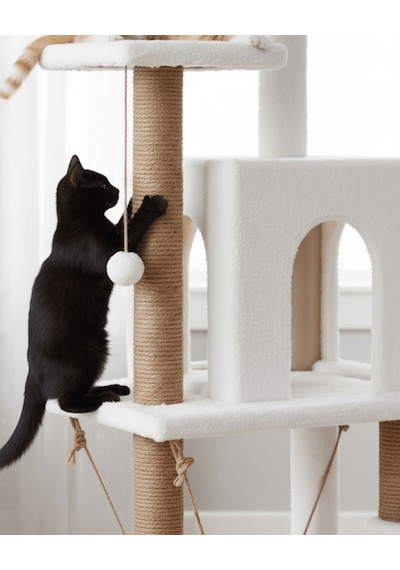 Reyo Pet Y01 Salıncaklı Yuvalı Lüx Kedi Tırmalama Oyun Evi Beyaz