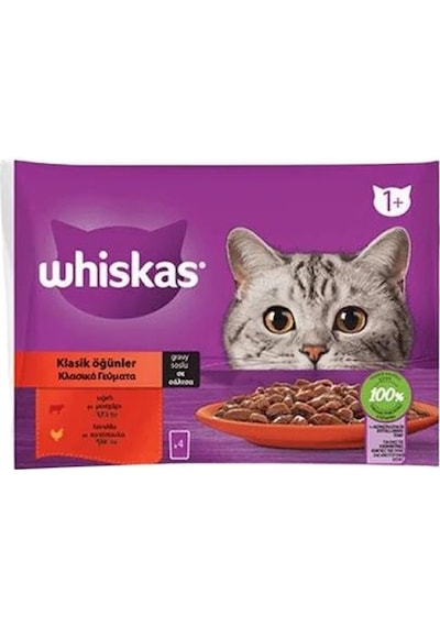 Whiskas Klasik Öğünler Sos İçinde Sığırlı ve Tavuklu Yetişkin Kedi Maması 4 x 85 G