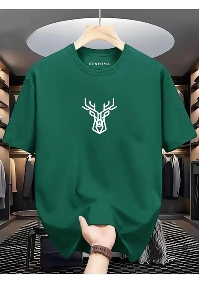 Geyik Baskılı Oversize Tişört Yeşil