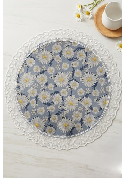 Dekoratif Yuvarlak Runner Papatya Desenli Fransız Güpürlü Masa Ve Konsol Örtüsü 60 Cm Çap Mavi