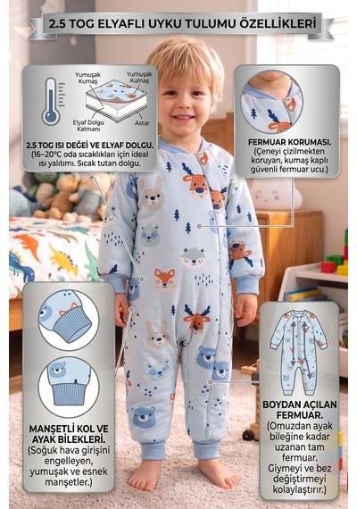Babymod Ayıcık Desenli 2,5 Tog Elyaf Dolgulu Premium Kalite Kız Erkek Çocuk Uyku Tulumu Mavi