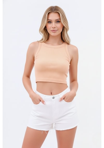 Zedefx Kadın Halter Yaka Pencere Detaylı Crop Bluz Turuncu