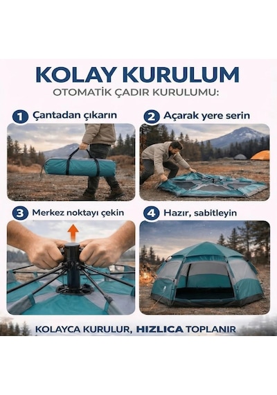 Buffer 4 Kişilik Otomatik Kamp Çadırı Altıgen Tasarım, Çift Kapılı, Suya Dayanıklı, Hızlı Kurulumlu Geniş Aile Outdoo Turuncu