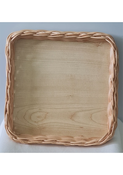 El Yapımı Bambu Rattan Örgü Kare Dekoratif Tepsi 25x25 Cm Ahşap