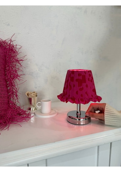 Pembe Desen Kumaş Gümüş Ayaklı Kablosuz Gece Masa Lambası