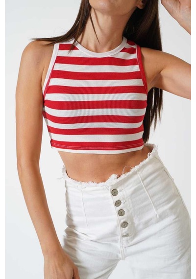 Ckm Moda Adrian Yüksek Kalite Kadın Yuvarlak Yaka Çizgili Crop Bluz Kırmızı