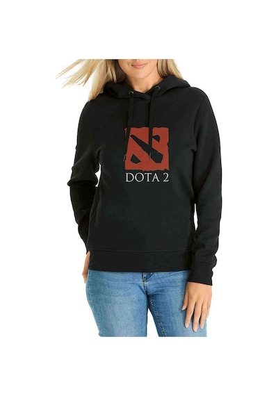 Dota Baskılı Siyah Kadın Kapşonlu Sweatshirt