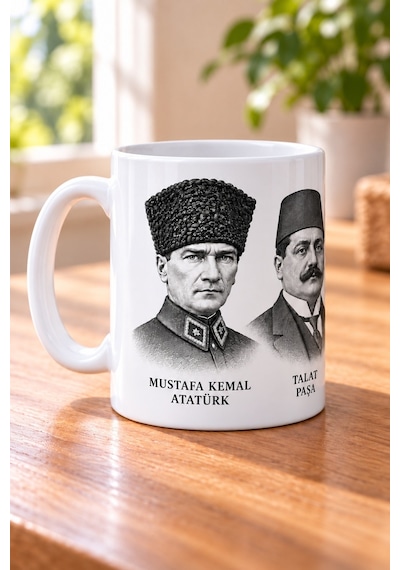 Atatürk Ve İttihat Ve Terakki Kahramanları Beş Portre Sarmal Baskılı Beyaz Kupa