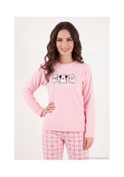 Lela Desenli Yumuşak Dokulu Kışlık Polar Pijama Takımı Kadın Pijama Takımı 6575031 Pembe