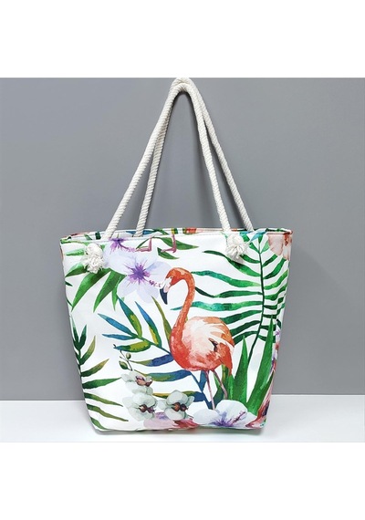 Flamingo Desenli Plaj Çantası Beyaz