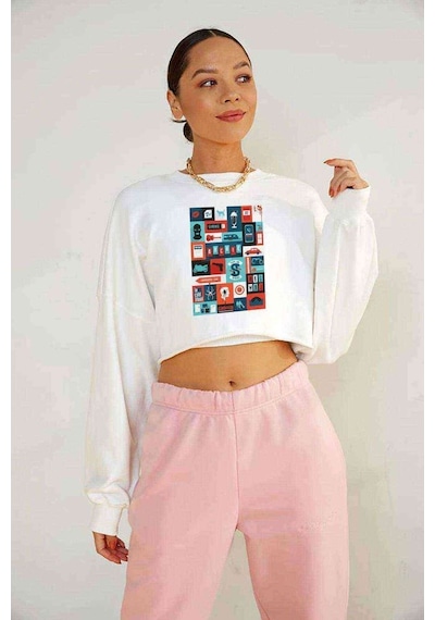 Riverdale Karma Baskılı Crop Kadın Beyaz Sweatshirt