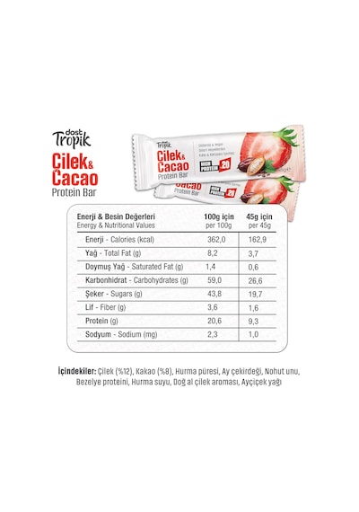 Çilek Ve Kakao Aromalı Protein Bar 45 G Protein İçeren Atıştırmalık Ve Sporcu Barı 6 Adet