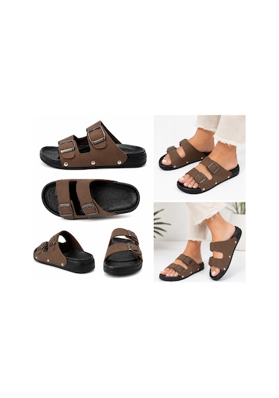 N Napa Shoe Pld.2002.z.kadın Çift Tokalı Günlük Comfort Terlik Kahverengi