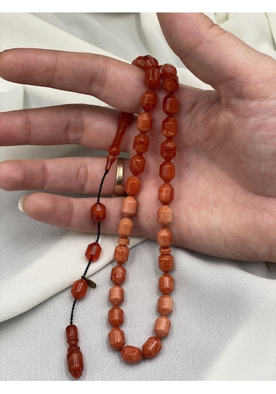 Ayhan Turan İmzalı El Boy Kapsül Kiremit Kırmızısı Sıkma Kehribar Tesbih 7x10 Mm Kırmızı