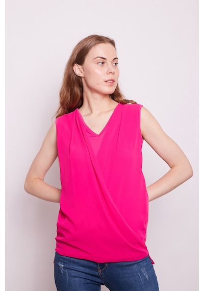 Jument Şifon Detaylı Anvelop Kolsuz Şık Likralı Parlak Kumaş Bluz-pembe Pembe