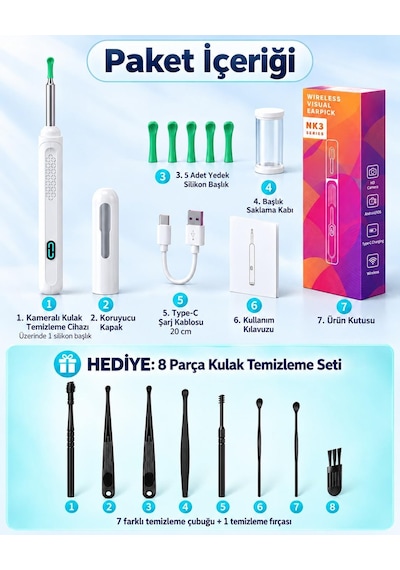Valkyrie Valkyrie Kameralı Kulak Temizleme Cihazı Wi-fi Hd Kamera Led Işıklı Type-c Şarjlı 8 Parça Set