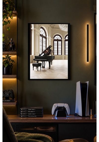 Piyanolu Salon Desenli Dekoratif Mdf Tablo, Çerçeve Görünümlü Ahşap Poster