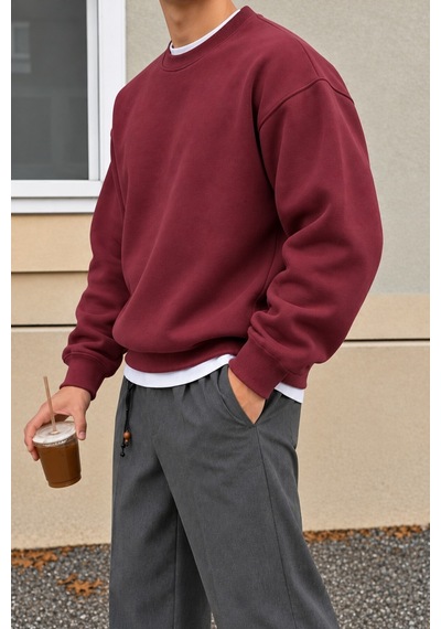 Cool Tarz Erkek 3 İplik Şardonlu Regular Fit Bisiklet Yaka Basic Sweatshirt Bordo Bordo