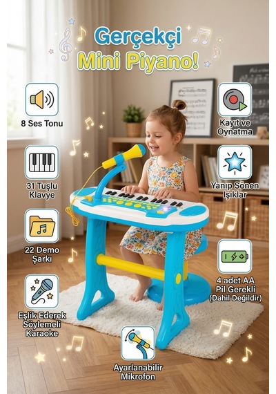 Çocuk Piyano Org Seti Mikrofonlu Tabureli - 31 Tuşlu Işıklı Sesli Eğitici Müzik Aleti Oyuncağı