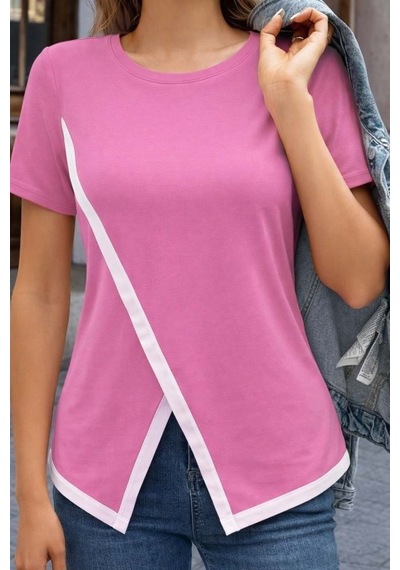 Dogutrend Kadın Kısa Kollu Bisiklet Yaka Viskon Bluz Pembe