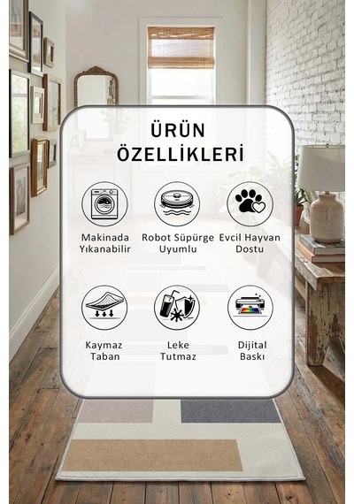 Dijital Baskılı Kaymaz Yıkanabilir Yolluk 5 Açık Gri